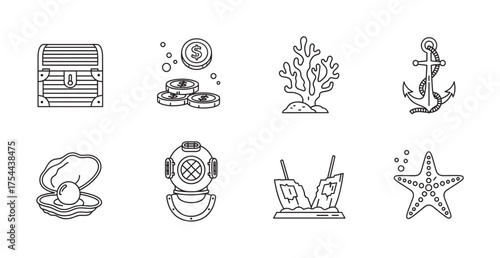Black outline vector icons of a treasure chest, coins, coral, anchor, pearl in oyster, diving helmet, book with antenna, and starfish.