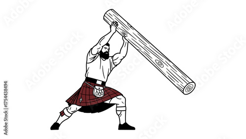Strongman's Log Lift: A muscular athlete in traditional attire demonstrates raw strength as he hoists a heavy log, embodying power and athleticism.
