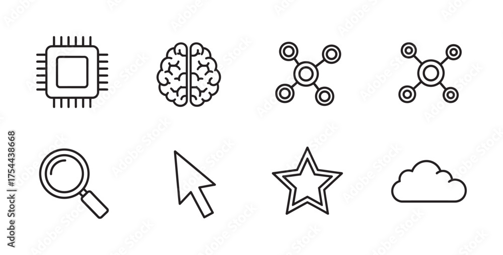 Fototapeta premium Minimalistic black outline icons of a microchip, brain, network nodes, magnifying glass, cursor, star, and cloud for technology and digital themes.