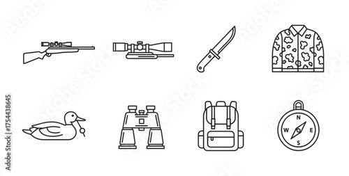 Eight black outline icons depicting hunting-related items, including a rifle, scope, knife, camouflage jacket, duck, binoculars, backpack, and compass.