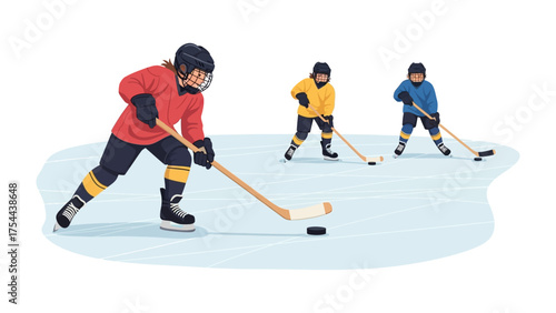 Ice Hockey Action: Dynamic illustration of ice hockey players in action, a solo player intensely focused as they move the puck forward, two more players preparing for a play.