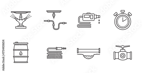 Black outline vector icons of various plumbing and irrigation tools, including sprayers, pipes, and a stopwatch for water management.