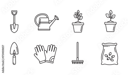 Black outline icons of gardening tools including a shovel, watering can, potted plants, trowel, gloves, rake, and seed bag arranged in two rows.