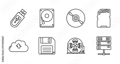 Black outline vector icons depicting various data storage devices including a usb drive, hard disk, cd, sd card, cloud storage, floppy disk, reel-to-reel tape, and server racks.
