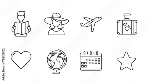 Simple black line icons depicting a map reader, a woman in a hat, an airplane, luggage, a heart, a globe, a calendar, and a star symbol, representing travel and exploration themes.