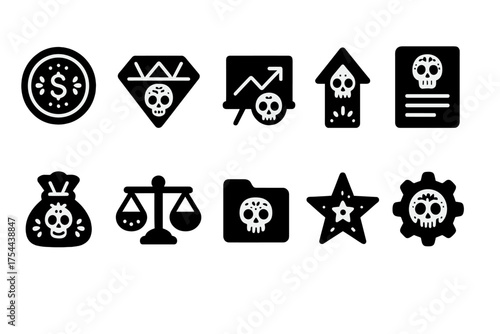 Dia de los muertos filled icon set. Skulls, sugar skulls, mexican culture icons.