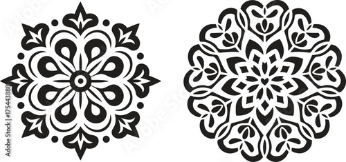 Intricate floral mandalas radiating peace and mindful creativity in crisp black and white vector