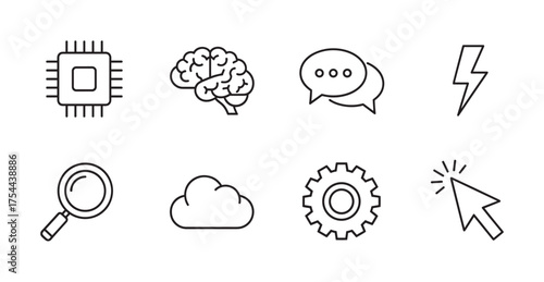 Eight black outline icons representing a cpu, brain, speech bubble, lightning bolt, magnifying glass, cloud, gear, and mouse cursor arrow.