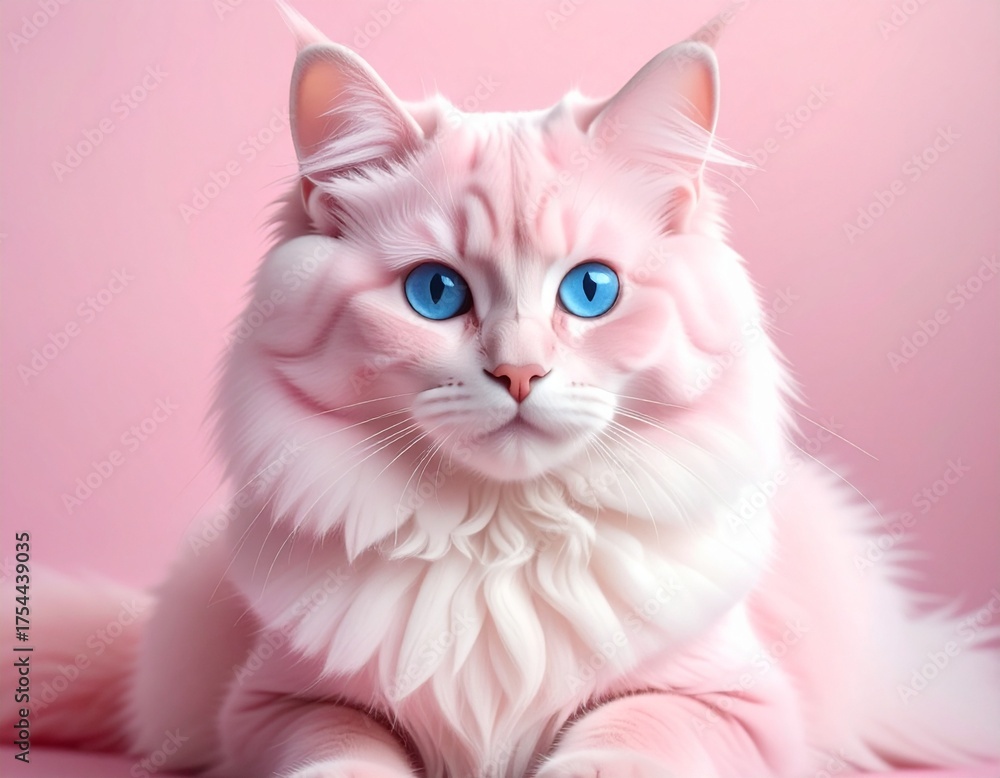 Fototapeta Adorable Fluffy Pink Cat with Striking Blue Eyes Staring Forward