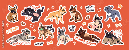 Sticker pack with cute French bulldogs and comic phrases. Set of funny dogs. Amusing puppies, playing, sleeping and sitting. Silly pet, adorable domestic animal. Flat isolated vector illustrations