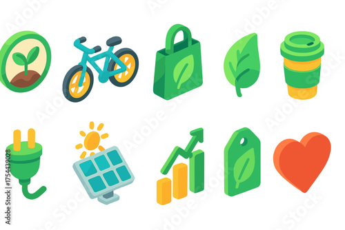 Eco-friendly 3d icon set. Green lifestyle, sustainable living icons collection