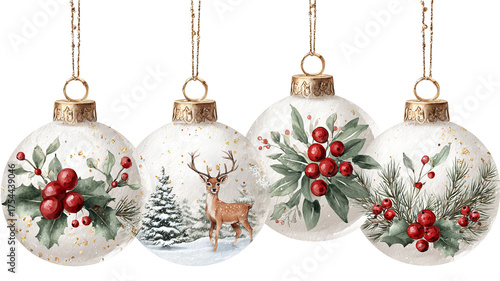 Four white watercolor christmas ornaments featuring winter scenes foliage and red berry illustrations isolated on transparent background high resolution png design perfect for festive decorations

