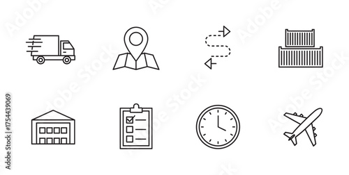 Set of eight black outline icons representing logistics and transportation, including a truck, map pin, arrows, containers, warehouse, checklist, clock, and airplane.