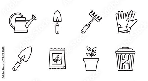 Black outline icons depicting gardening tools and accessories, including a watering can, trowel, rake, gloves, seed packet, potted plant, and recycling bin.
