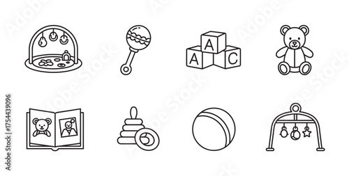 Black outline icons of children's toys including a play gym, rattle, alphabet blocks, teddy bear, picture book, stacking rings, ball, and mobile.