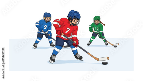 Ice Hockey Team on the rink: An animated illustration of youth hockey players actively engaged in a fast-paced game of ice hockey, showcasing their passion and determination in this dynamic sport. 