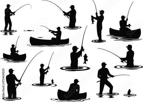 Silhouette of fishermen catching fish with fishing rods in water and boats, outdoor recreation, nature hobby, sport fishing vector illustration