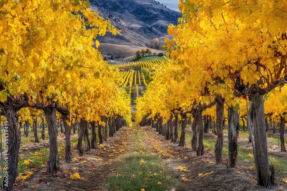 Fototapeta premium Vineyards Washington. Red Mountain Benton City Landscape with Yellow Grape Leaves in Fall Harvest