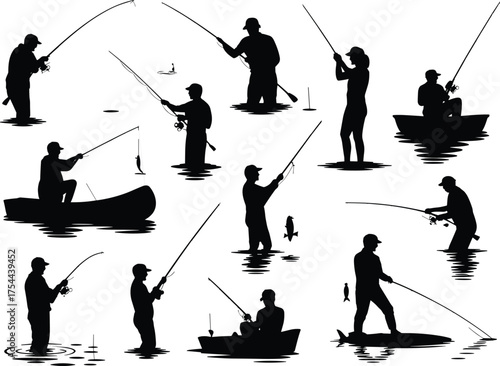 Silhouette of men fishing with rods in water and boats, catching fish, outdoor hobby, recreation, nature, sport fishing vector illustration