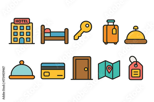 Travel and hotel icon set. Flat style icons for booking and accommodations.