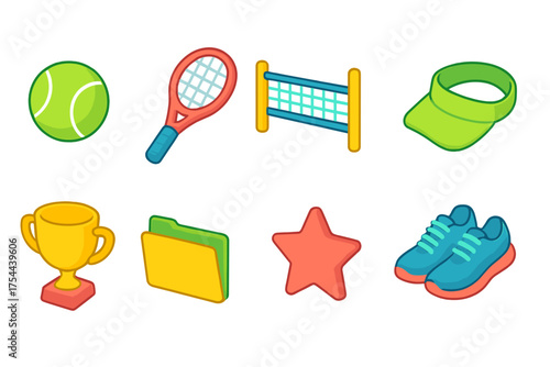 Sports and fitness icon set. Tennis, volleyball, trophy, sneakers in flat style