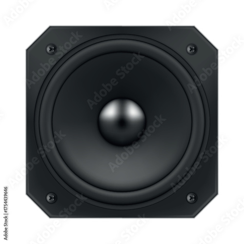 Illustration of a speaker system with a round woofer in a square frame, suitable for various media in audio technology and the music industry in general