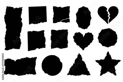 Collection of torn paper shapes and ripped edges in various forms. Hand drawn paper scraps for collage, note design, or scrapbook background.