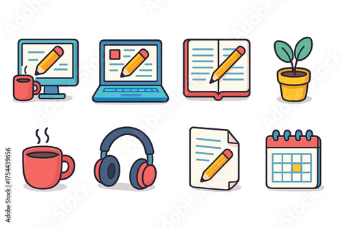 Office, writing filled icon set. Work, creativity tools collection with digital elements