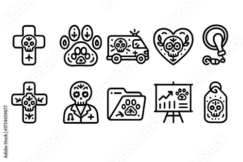 Pet veterinary outline icon set: medical care, animals, health symbols