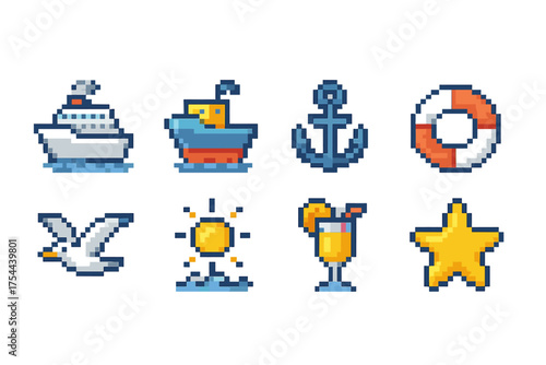Cruise and summer, pixel art icon set. Nautical, beach, travel icons collection.