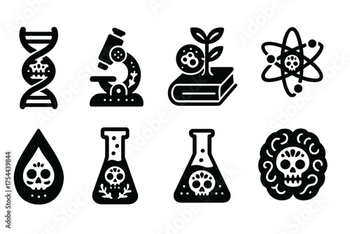 Halloween science silhouette icon set. Spooky lab and experiment icons for halloween.