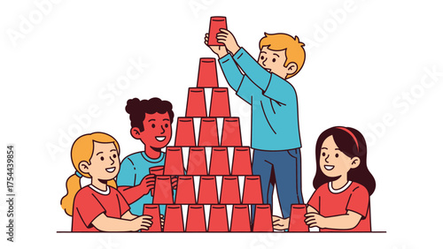 Children's Playtime: A group of children collaborating together with bright red cups to construct a tower. Capturing the simple joy of playful creativity and shared experience.