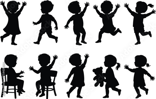 Silhouettes of happy children playing and dancing, kids jumping, sitting, and having fun, joyful childhood activity illustration design
