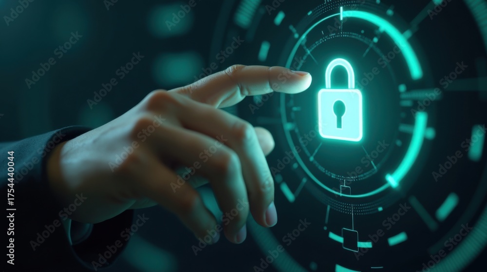 Obraz premium Mano interactuando con un candado brillante, interfaz futurista, concepto de protección digital, visualización de tecnología virtual