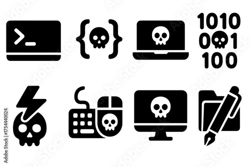 Cybersecurity threats solid icon set. Virus, malware, hacking icons collection