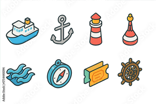 Nautical, marine flat icon set. Navigation, ocean, sea life icons collection.