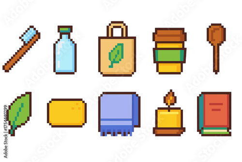 Eco-friendly living icon set. Pixel style, zero waste, sustainable icons collection