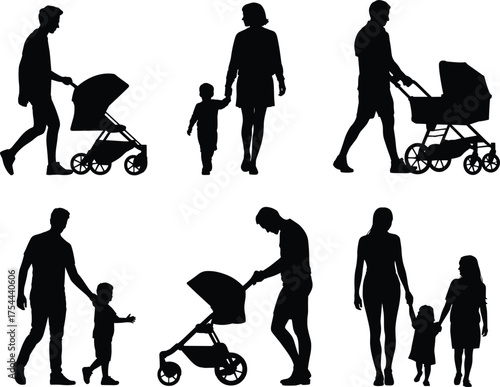Silhouettes of parents walking with children and baby strollers, family care, parenting concept, outdoor lifestyle, love, togetherness, happiness illustration