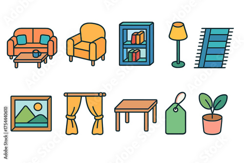 Furniture and decor icon set in flat style. Home furnishing and interior icons collection