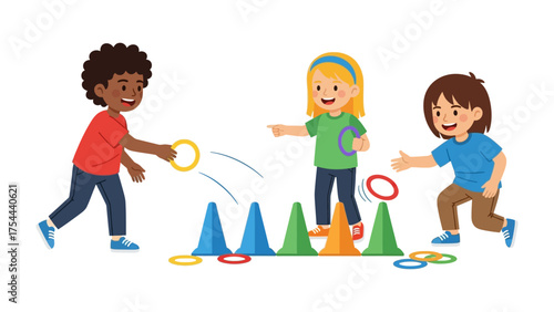 Joyful Ring Toss Game: Vibrant illustration of children engaged in a playful ring toss game, symbolizing fun, recreation, and childhood delight.