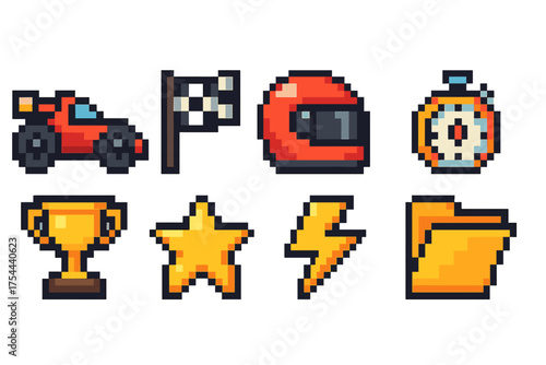 Racing, motorsport pixel icon set. Speed, game, competition icons in pixel art style.