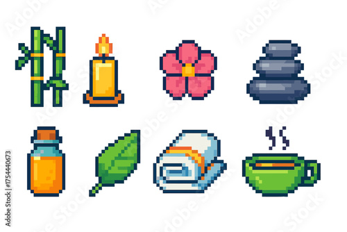 Spa, wellness icon set in pixel style. Relaxation, spa essentials pixel art collection