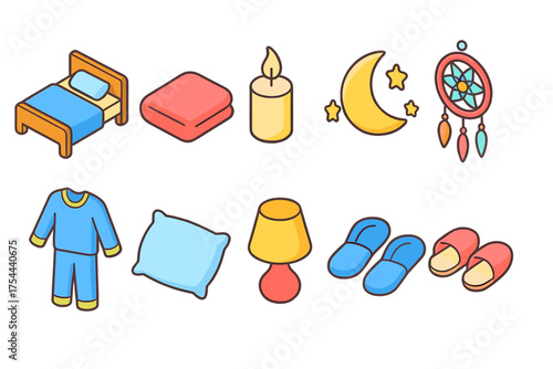 Home decor flat icon set. Cozy bedroom essentials in flat design style