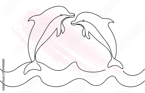 Dolphins in continuous line art style with  brush strokes Single line animal ocean