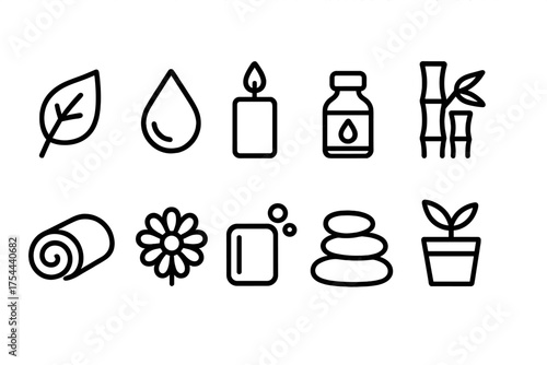 Spa wellness outline icon set. Relaxation, self-care, and tranquility vector icons.