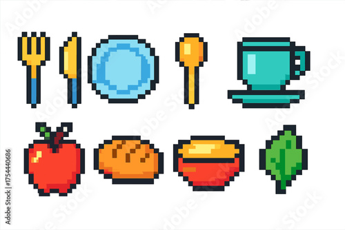 Pixel art food icon set. Kitchenware and fruits in pixel art style