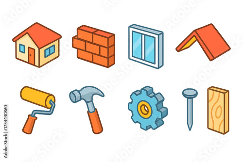 Construction and tools icon set. 3D visual collection of building and repair elements.