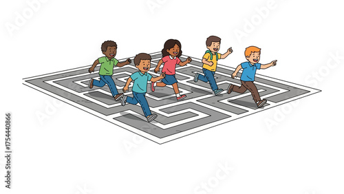 Maze Runners: A group of children run in a maze, striving toward a shared objective, embodying the spirit of teamwork and problem-solving in a colorful and engaging illustration. 