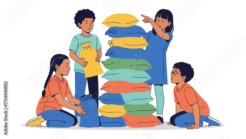 Fort Building Adventure: A group of kids are immersed in a fun activity, building a fort with pillows in a cozy room, showcasing the charm of indoor games and simple pleasures.