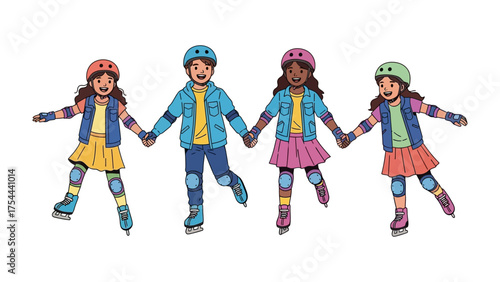 Joyful Skate: A group of children holds hands and skate with happiness. The scene radiates fun and joy.